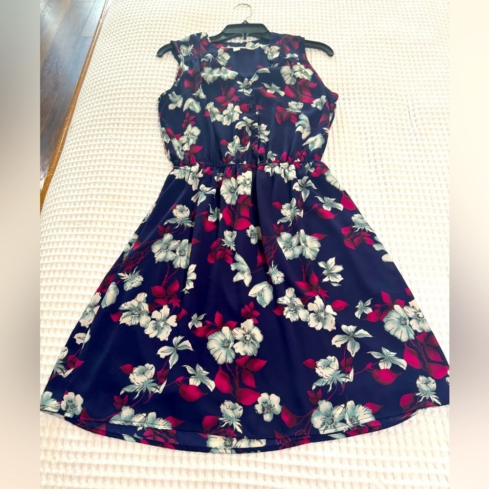 41Hawthorn Indigo Blue Floral Print Sheath Dress 1/2 Button Elastic Waist Sz S
